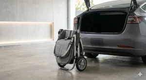 Cărucior sport pliat compact pentru transport.
