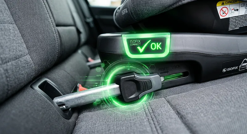 Sistem de fixare ISOFIX securizat cu indicator de instalare corectă pentru scaune auto copii.