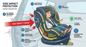 Protecție Impact Lateral Vizualizare tehnologie de absorbție a șocului lateral la scaunul auto.