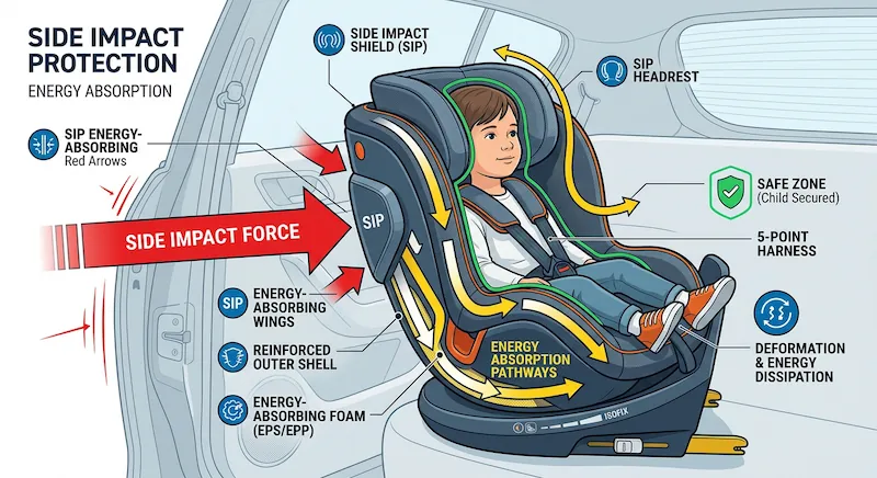 Vizualizare tehnologie de absorbție a șocului lateral la scaunul auto.