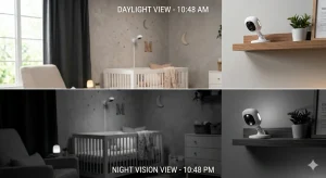 Comparație imagine zi/noapte pe ecranul unui baby monitor video.