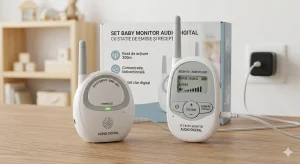 Set baby monitor audio digital cu stație de emisie și recepție.
