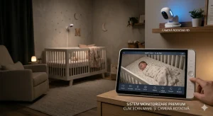 Baby monitor video premium cu ecran mare și cameră rotativă.