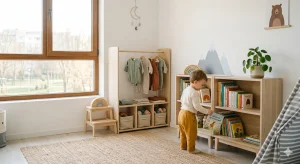 Sistem de rafturi și depozitare Montessori pentru camera copilului.